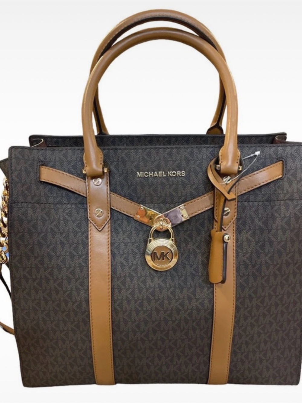Michael Kors Brown MK Logo Satchel with Tan Leather Trim